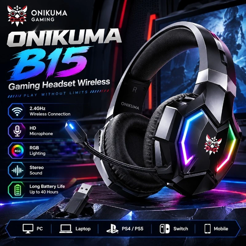 Gaming Console In Amazon - หูฟังเกมมิ่งไร้สาย ONIKUMA B15 2.4GHz พร้อมไฟ RGB