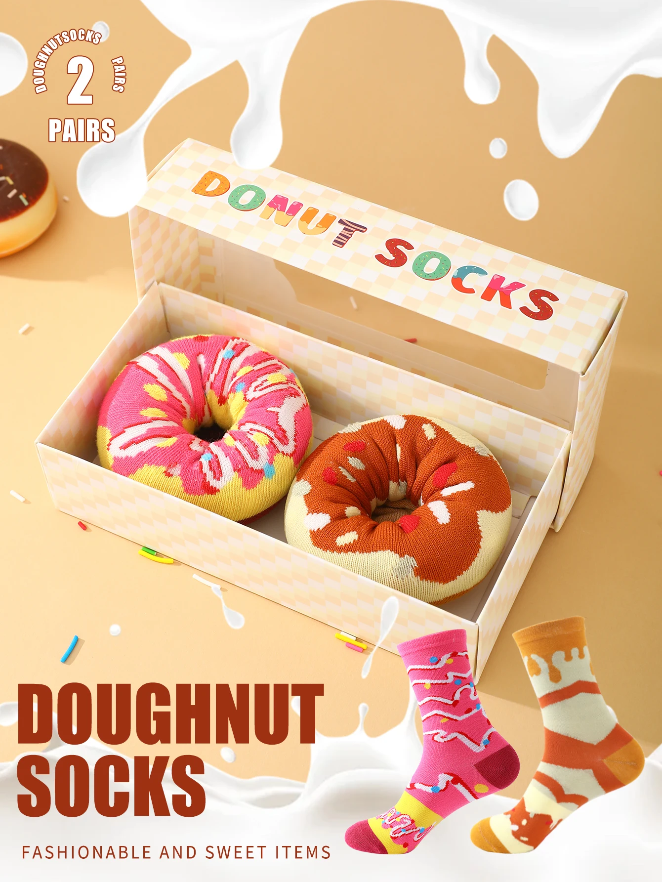 

2-пара носков унисекс до середины икры в форме сладкого пончика, роман и креативный веселый праздничный подарок.