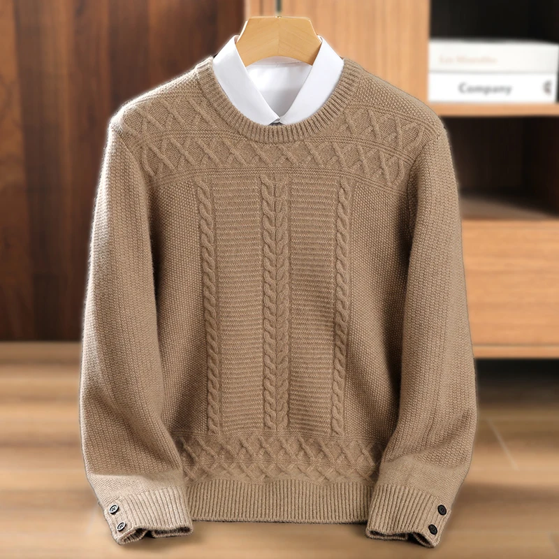 100% Pure Cashmere Sweater Men\'s O-neck High-End Pullover Long Sleeve Thick Knit Sweater Full Body Computer Jacquard Top Winter