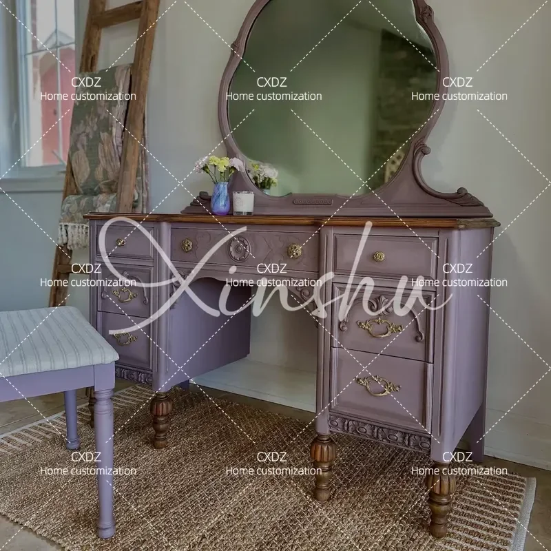 Retro Solid Wood Dresser Small Bedroom Carved Makeup Table High End Multi Functional Vanity Desk for Home