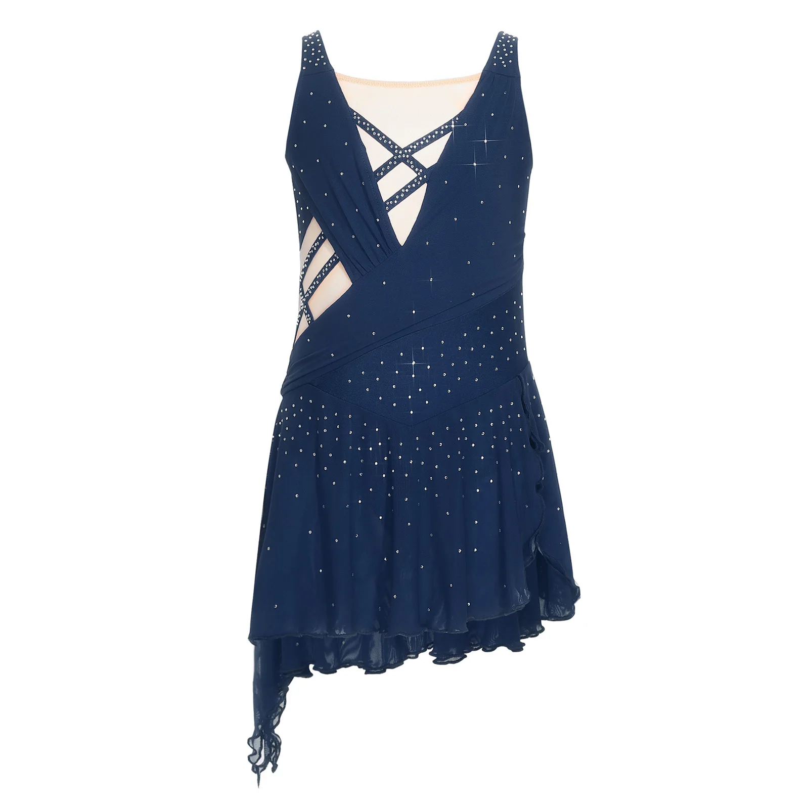 Vestido de baile de salón de Ballet lírico con diamantes de imitación, vestido de malla transparente para niñas, vestido de leotardo de baile de escenario de vals moderno