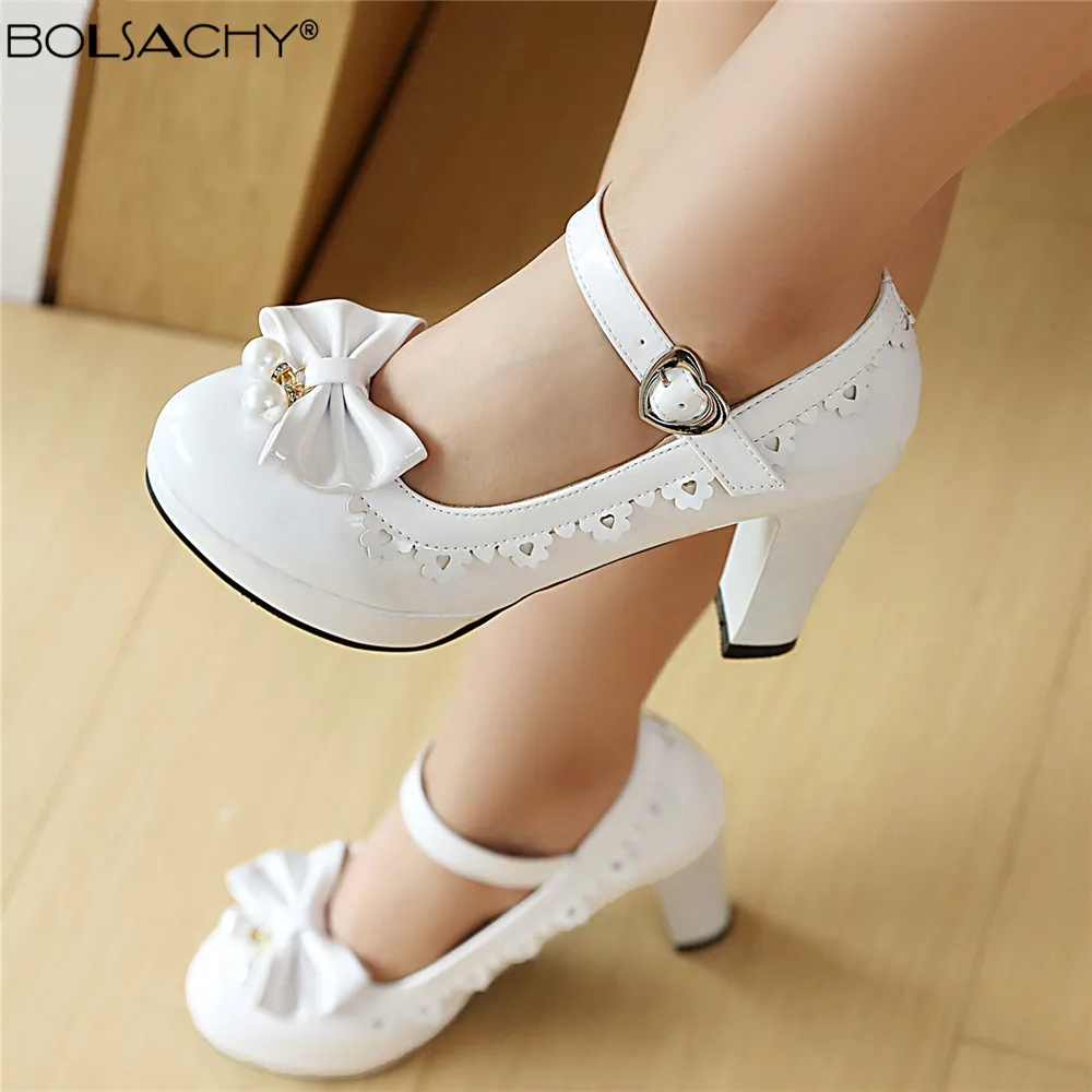 2026 Spring Bowtie Cute Patent Leather Mary Jane Pumps Round Toe Buckle Strap Sweet 9cm Block Heels Size 34-48 Green Red Blue