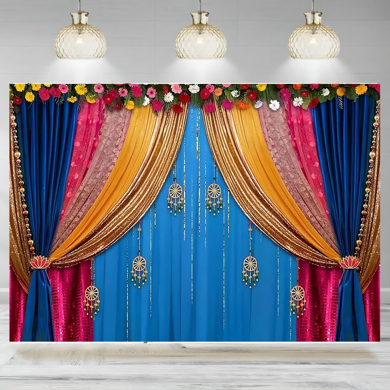 India Style Backdrop Curtain Flower Garland Photography Background Hindu Wedding Traditional Banner Diwali Pooja Decoration