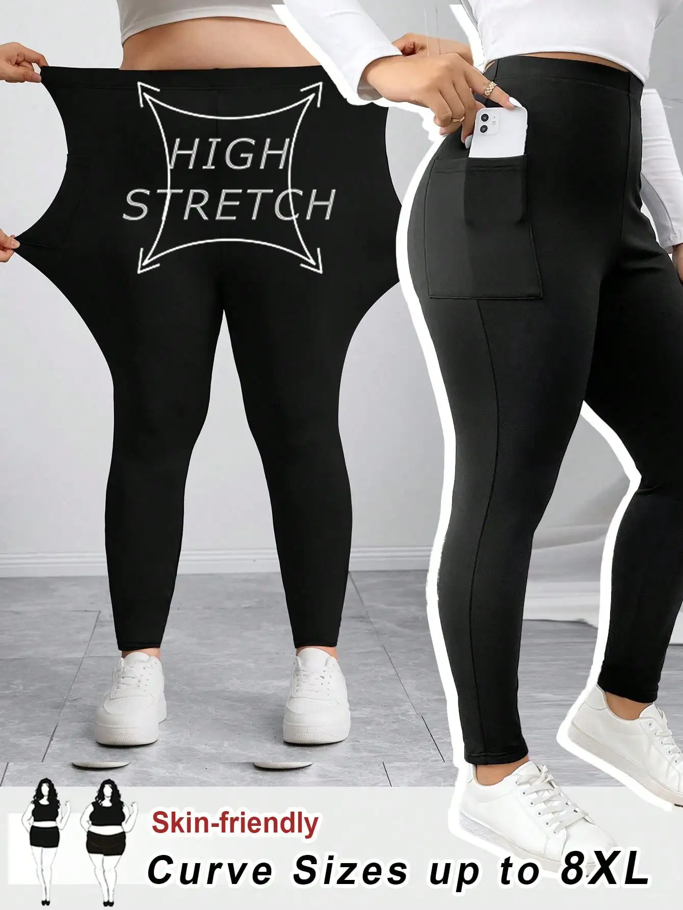 Plus Size High Stretch Leggings with Side Pockets, Skin-Friendly Fit up to 8XL