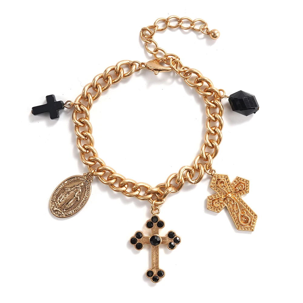 سوار سلسلة ذهبي عتيق مع سحر متقاطع متعدد لهجات كريستال سوداء دينية مريم العذراء قلادة بوهو قوطي #6