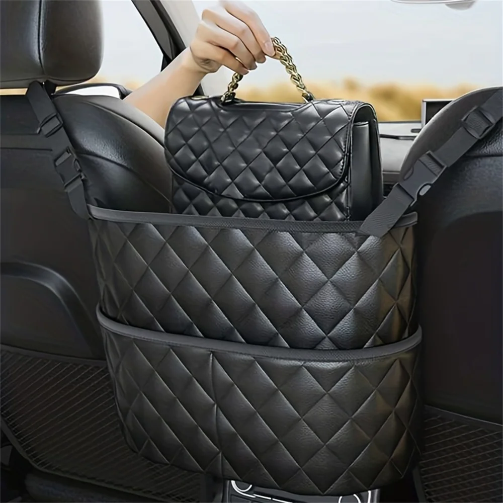 Dual Pocket Storage Bag Car Handbag Between Seats Leather Car Seat Backrest Organizer With 2 Pockets Large Capacity Storage Bag 