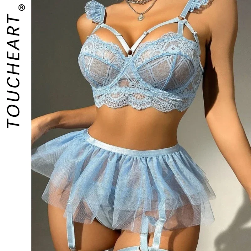 Toucheart 4-Piece Set Sexy Lingerie For Women Sexy Tempting Push-Up Mesh Patchwork See-Through Embroidered Bra Sexy Lingerie Set