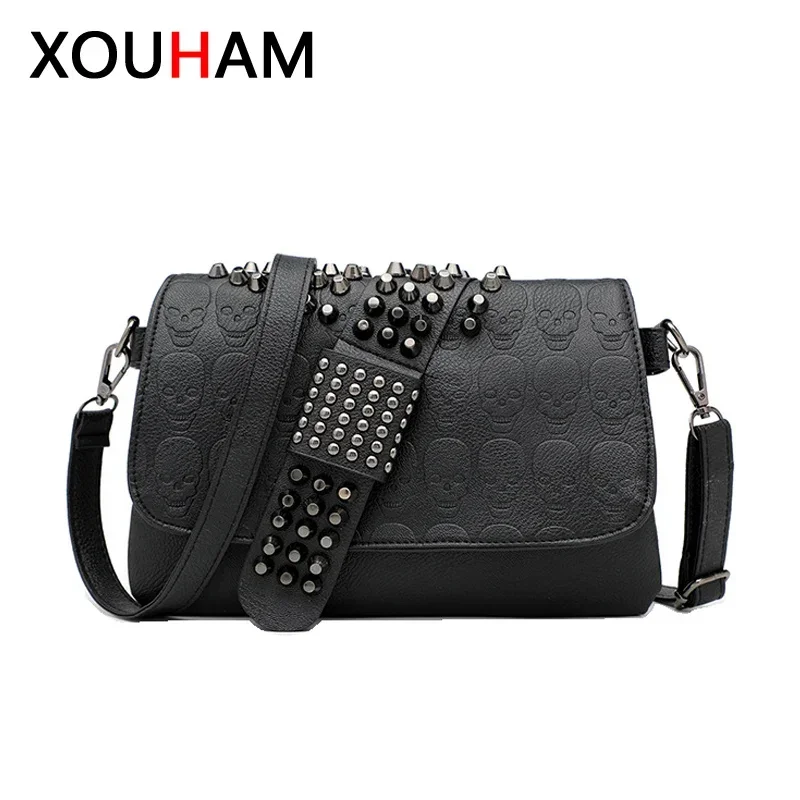 Xouham Messenger Bags Voor Vrouwen Pu Enkele Schedel Klinknagel Schouder Handtassen Sac A Main Bolsa Zwarte Vintage Sexy Tas Lady Drop Chain