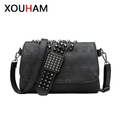 XOUHAM Messenger Bags for Women PU Single Skull Rivet Shoulder Handbags Sac A Main Bolsa Black Vintage Sexy Bag Lady Drop Chain