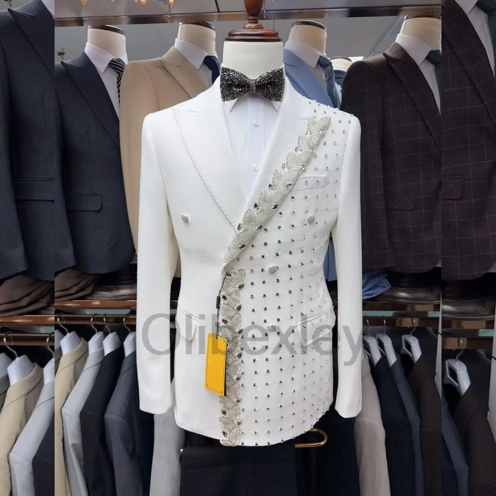Olibexley Shiny Rhinestone White Men Suits Groom Wedding Tuxedos 2 Pcs Sets Male Party Blazers Ropa Hombre Customized S469