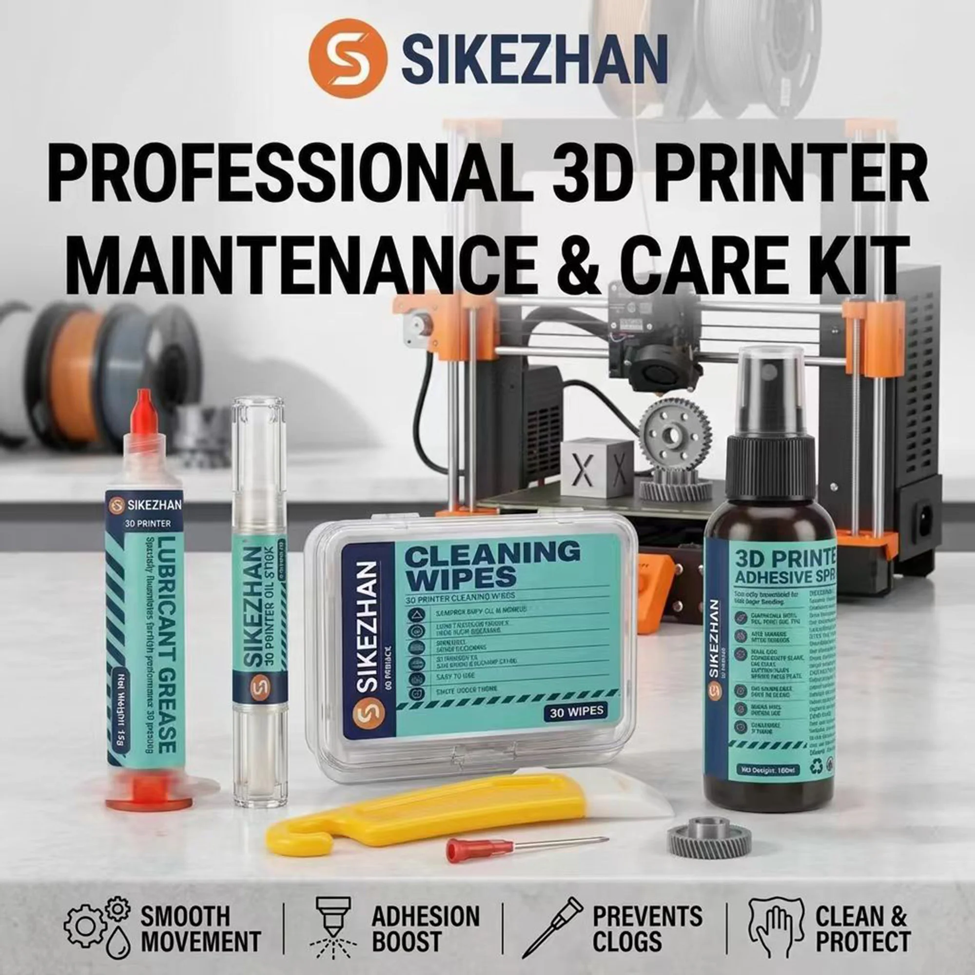 5-in-1 Complete 3D Printer Maintenance Kit: Bed Adhesive Spray, Precision Lubricant, Grease & Wipes for FDM PLA ABS PETG PEI 