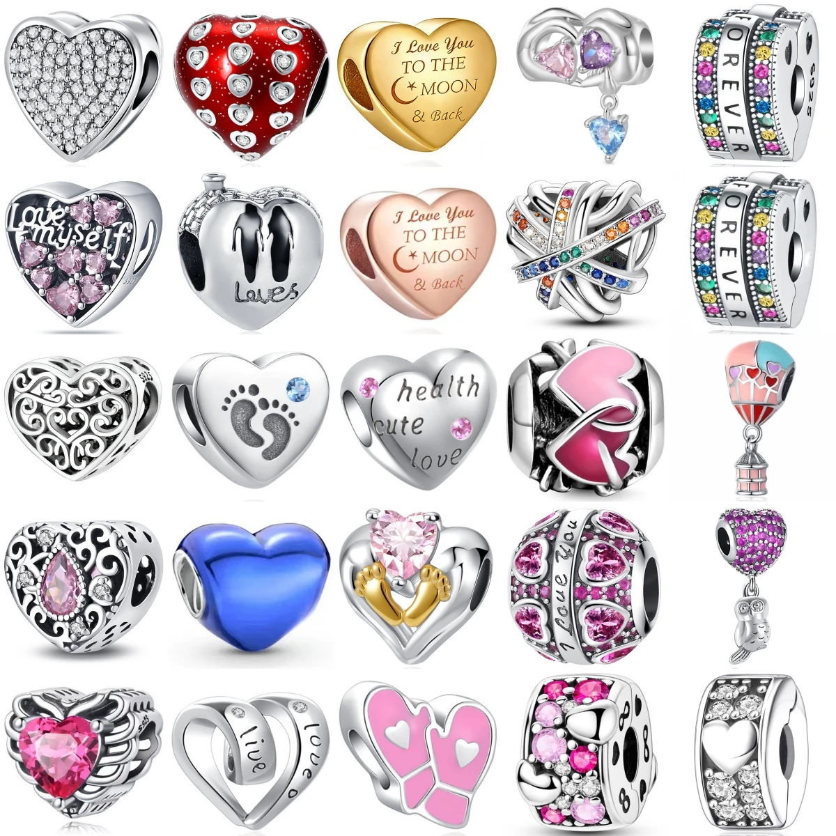 925 Sterling Silver Love Heart Beads Footprint Owl Hot Air Balloon Crystal Enamel Charm Fit Valentine Mother Jewelry Gift