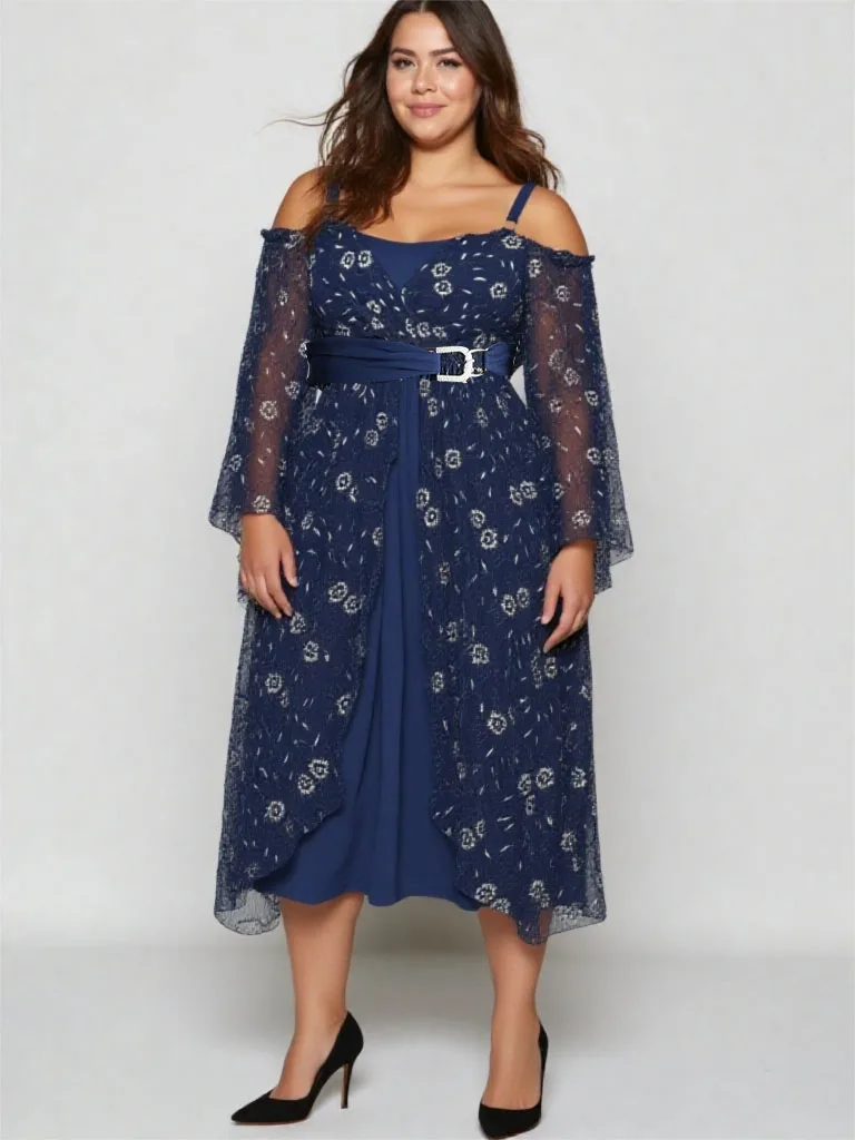 

ROSEGAL Plus Size Dresses Women Autumn Cold Shoulder Flare Sleeves Flower Lace Overlay Belted A Line Dress Vestidos
