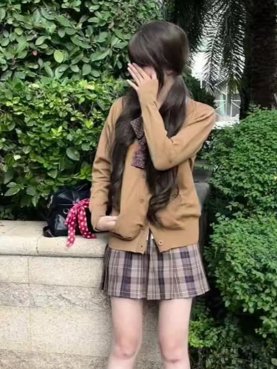 

Long Sve Basic Sle irt и кардиган, женский комплект Faion College Sle, клетчатая юбка, ансамбль, осенне-зимняя повседневная одежда