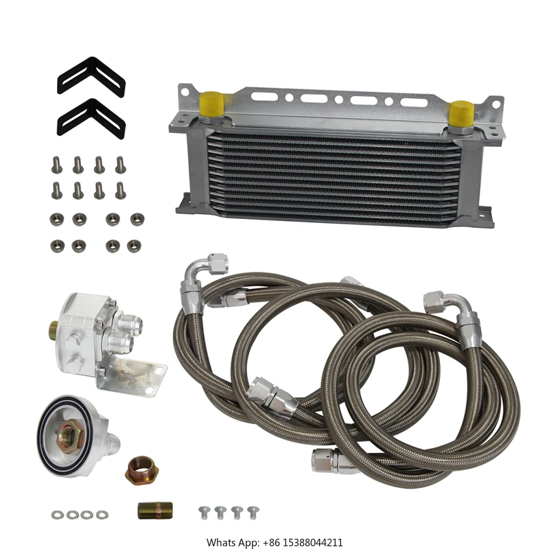 13 Row AN10 Universal Engine Transmission Oil Cooler British Type + Filter Adapter Kit Silver