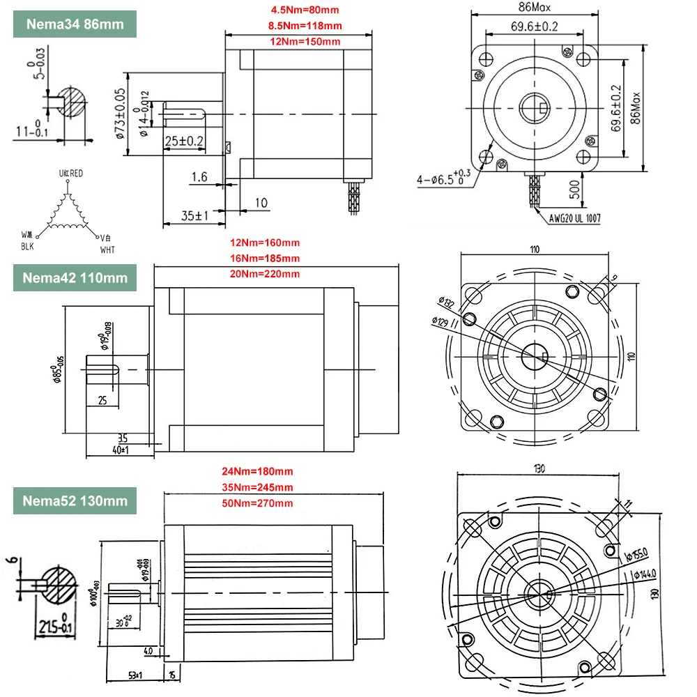 3 Phase Nema34 Nema42 Nema52 Stepper Motor 4.5/8.5/12/16/20/24/35