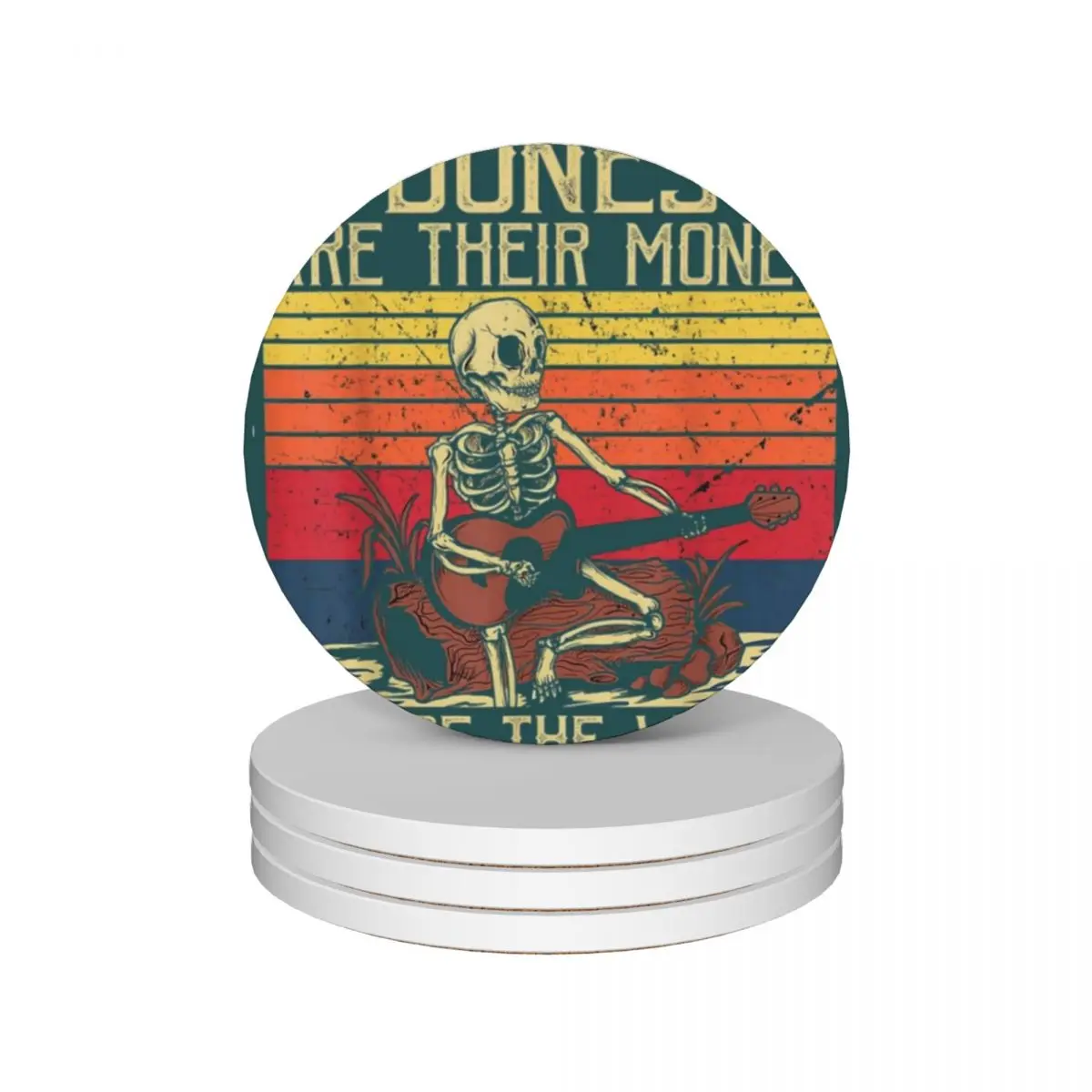 Bones Are Their Money Skeleton Playing Guitar Retro Vintage Ceramic Coasters (Set of 4) Cup mat Coasters