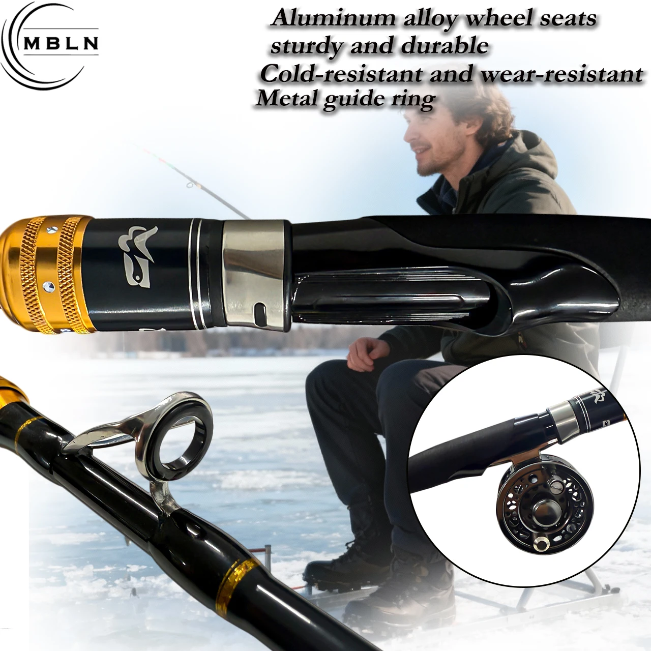 Caña de pesca en hielo de carbono – 2 secciones, guías metálicas - imagen 5