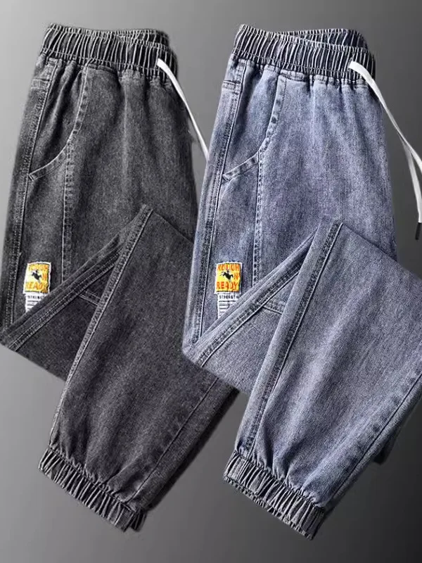 

Свободные повседневные мужские джинсовые рабочие брюки, весенне-осенние брюки-карго с эластичной резинкой на талии, Harajuku Sle, молодежные полиэфирные волокна