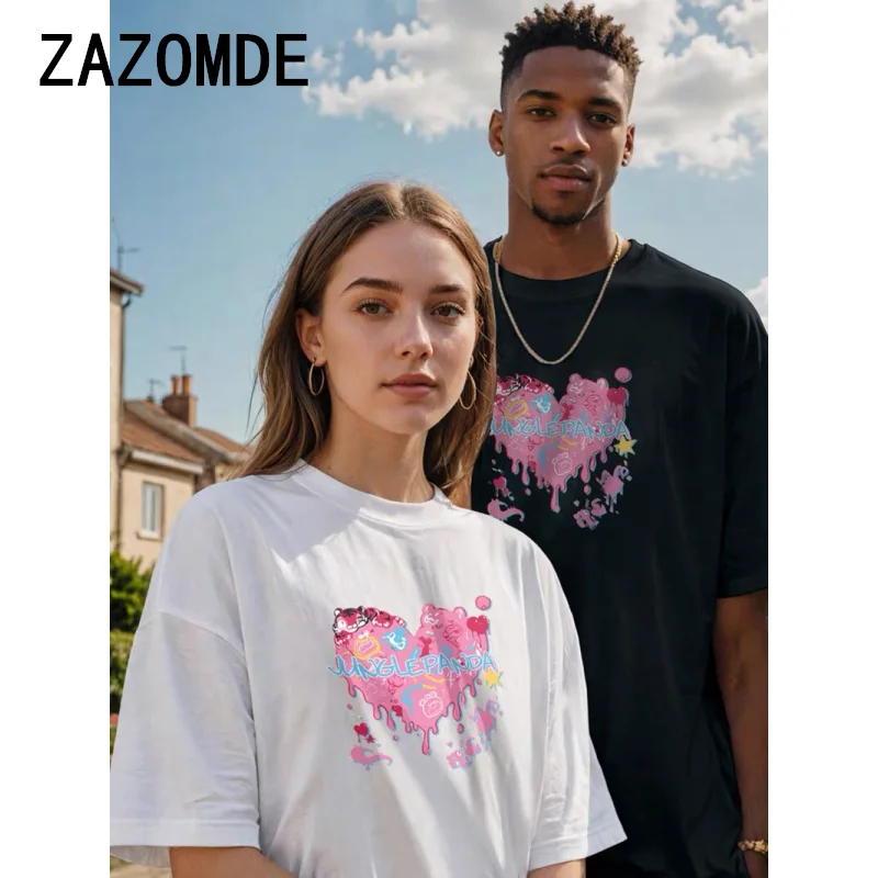 ZAZOMDE 2024 Harajuku Graffiti Love Print T Shirt 260GSM Cotton O-neck Tshirt Short Sleeve Oversized Couple Tee High Street Tops