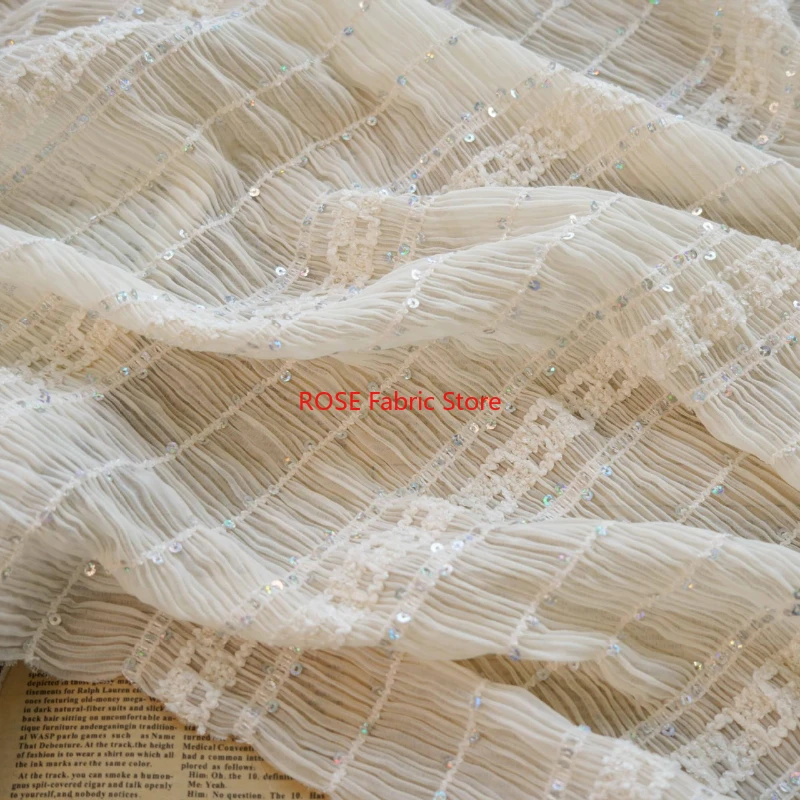 Haft cekinowy Miękka plisowana tkanina szyfonowa, koronkowa tkanina w paski do sukni ślubnej, sukienki Cupcake, sukienki imprezowej, koronkowego topu