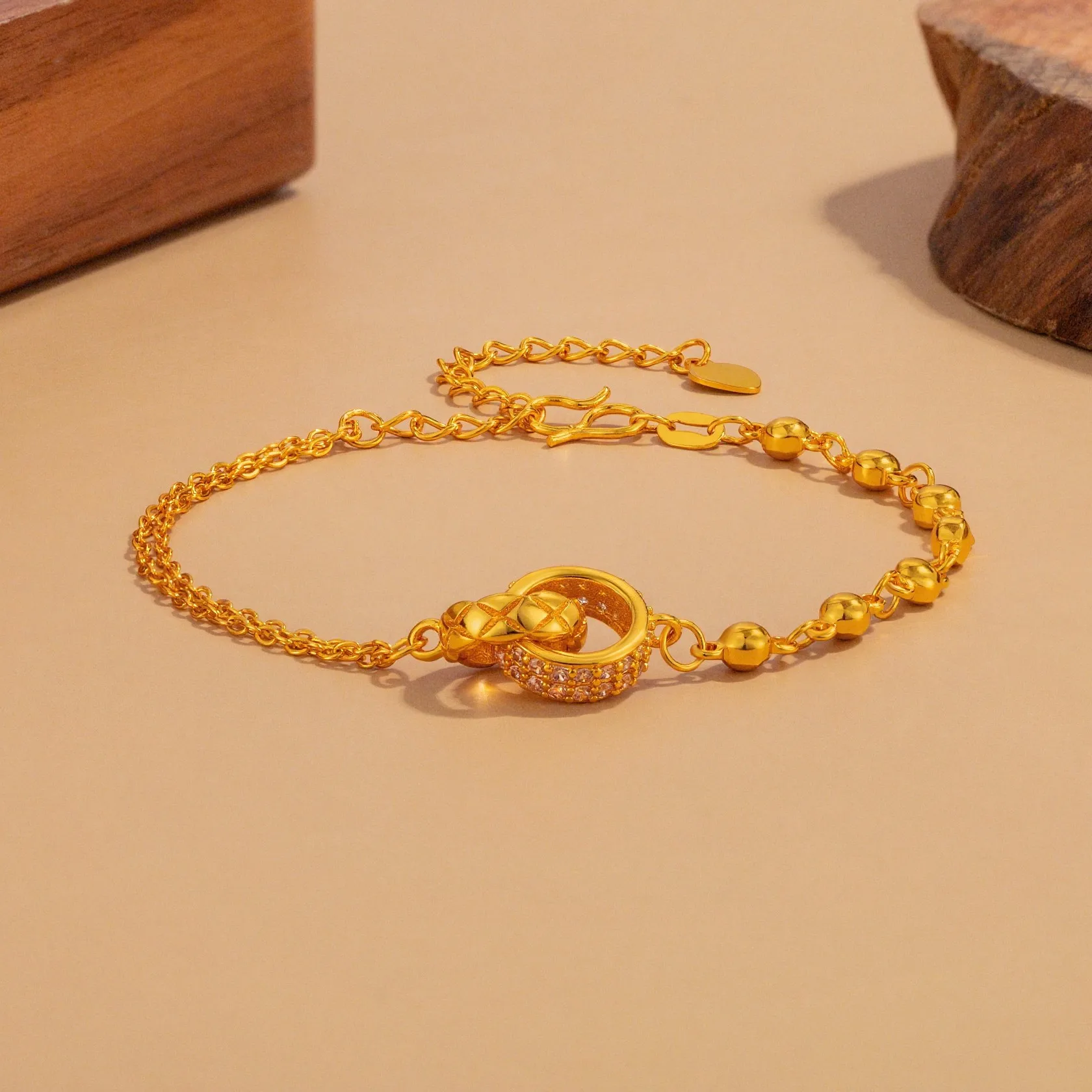 Luxury 24K 9999 Pure Gold real gold Women's Threaded Double Ring Bracelet