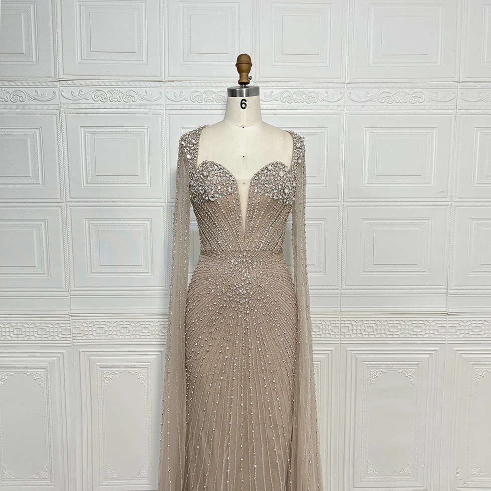 فستان سهرة فاخر مطرز بحورية البحر عاري دبي بأكمام كيب أنيق للنساء فساتين حفلات الزفاف العربية الوردية حسب الطلب