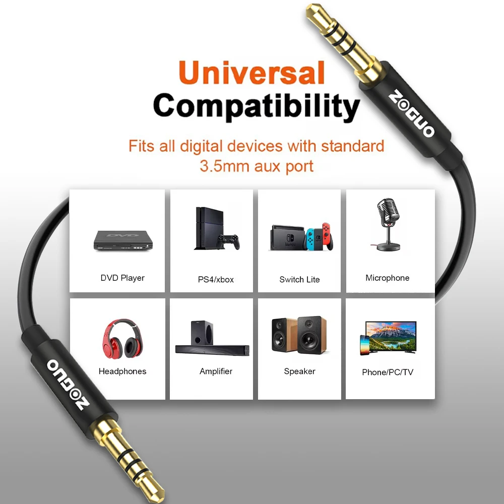 ZOGUO 3.5mm kabel HIFI Aux TRRS Audio Jack z mikrofonem kompatybilny z głośnikami samochodowymi Stereo słuchawki Xiaomi Redmi AUX