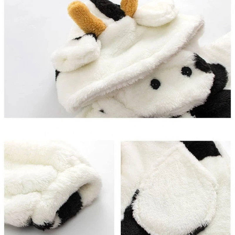 Cow Women Fleece Pajamas Winter Robes Home Clothe Flannel Pant Sleepwear Split Set Cartoon Animal Thick Couple Hooded Nightgown