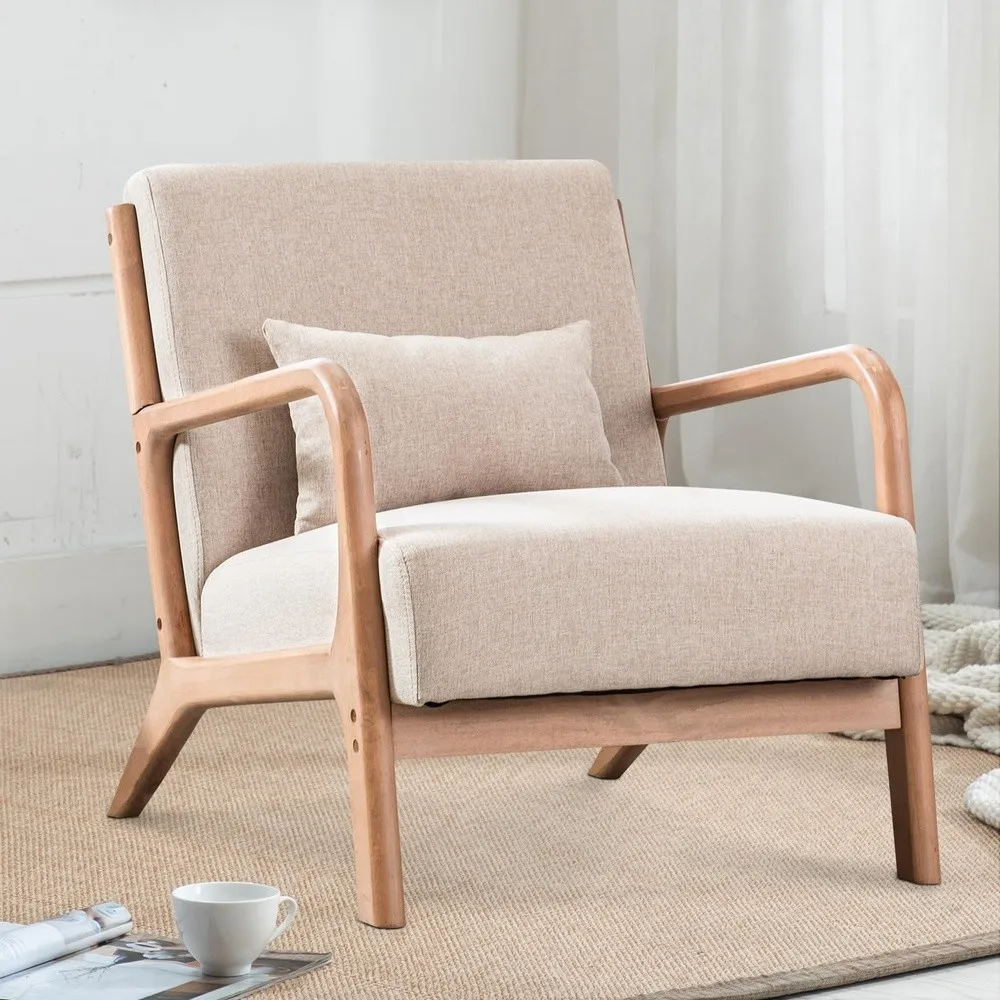 Mid Century Modern Accent Chair with Wood Frame Upholstered Living Room Chairs with Waist Cushion Reading Armchair for
