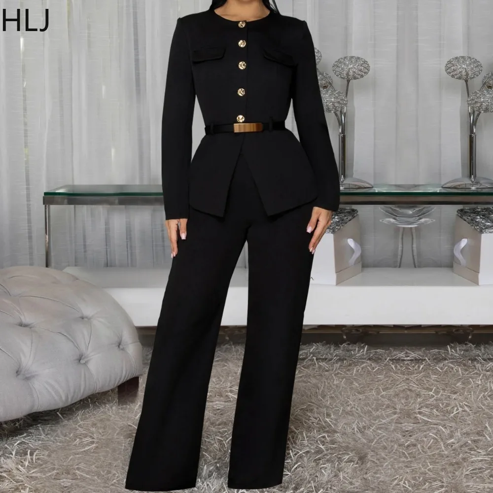HLJ エレガントな女性用ツーピースセット、無地長袖シングルブレストクロップトップとパンツのマッチング、女性用ストリートウェア服