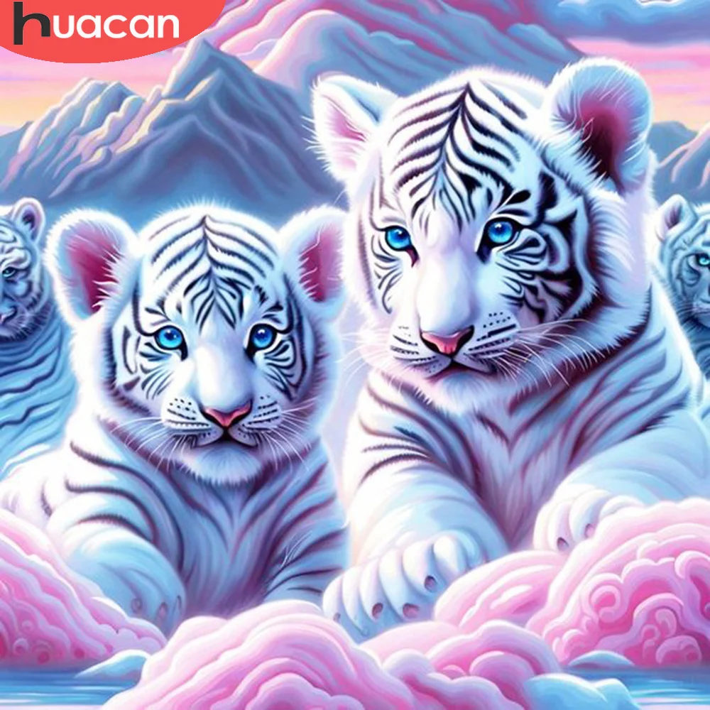 HUACAN Diamond Painting Animal Tiger Full Square Round Diamond Mosaic Mountain Art Home Decoration Craft Kit