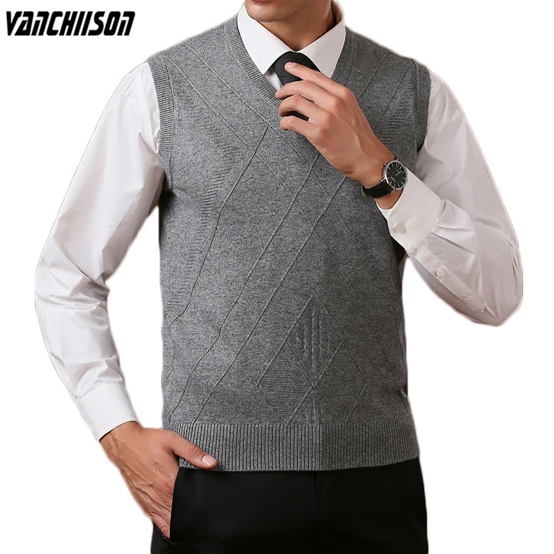 

Men 14% Wool Knit Tank Sleeveless Sweater Jumpers Vest Basic for Autumn Winter V Neck Solid Color Businesss Fashion Casual 00314