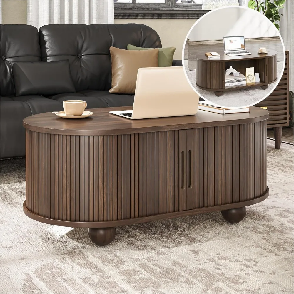 

Alohappy Oval Coffee Table, Mid Century Modern Coffee Table with Sliding Tambour Doors, Fluted Center Table with Hidden Storage