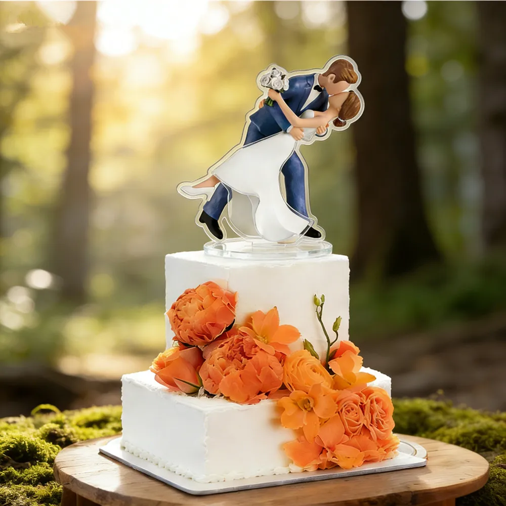 2D Flat Wedding Cake Topper Decoration Bride and Groom Kissing Resin Figurine  Romantic Couple Gifts for Wdding