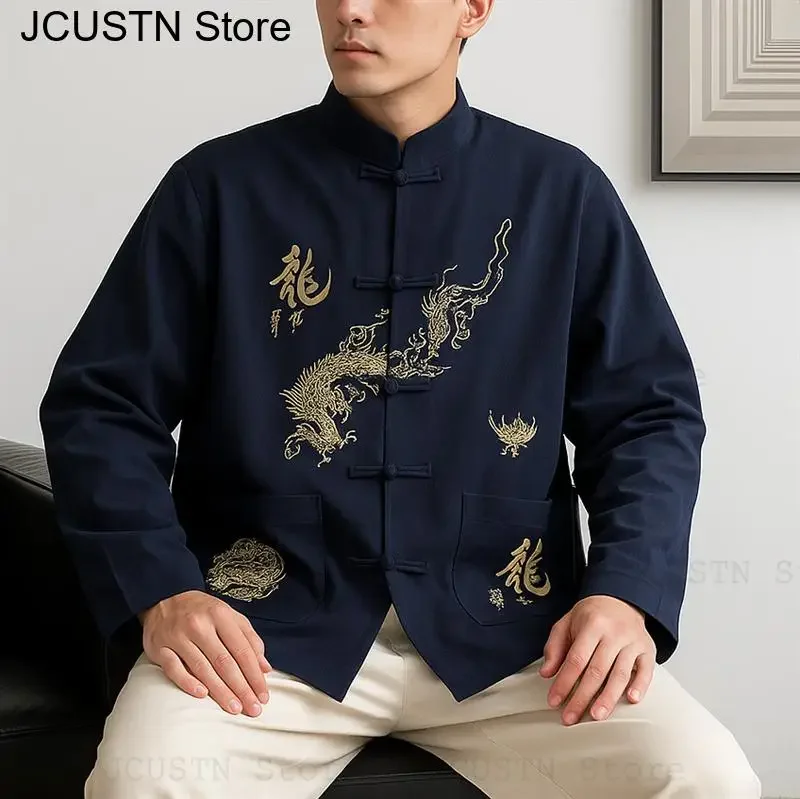 

Tang Clothes Chinese Traditional Clothes Men Fashion Embroider Dragon Qipao Top Navy Blue Loose Hanfu Cotton Shirt Kungfu Jacket