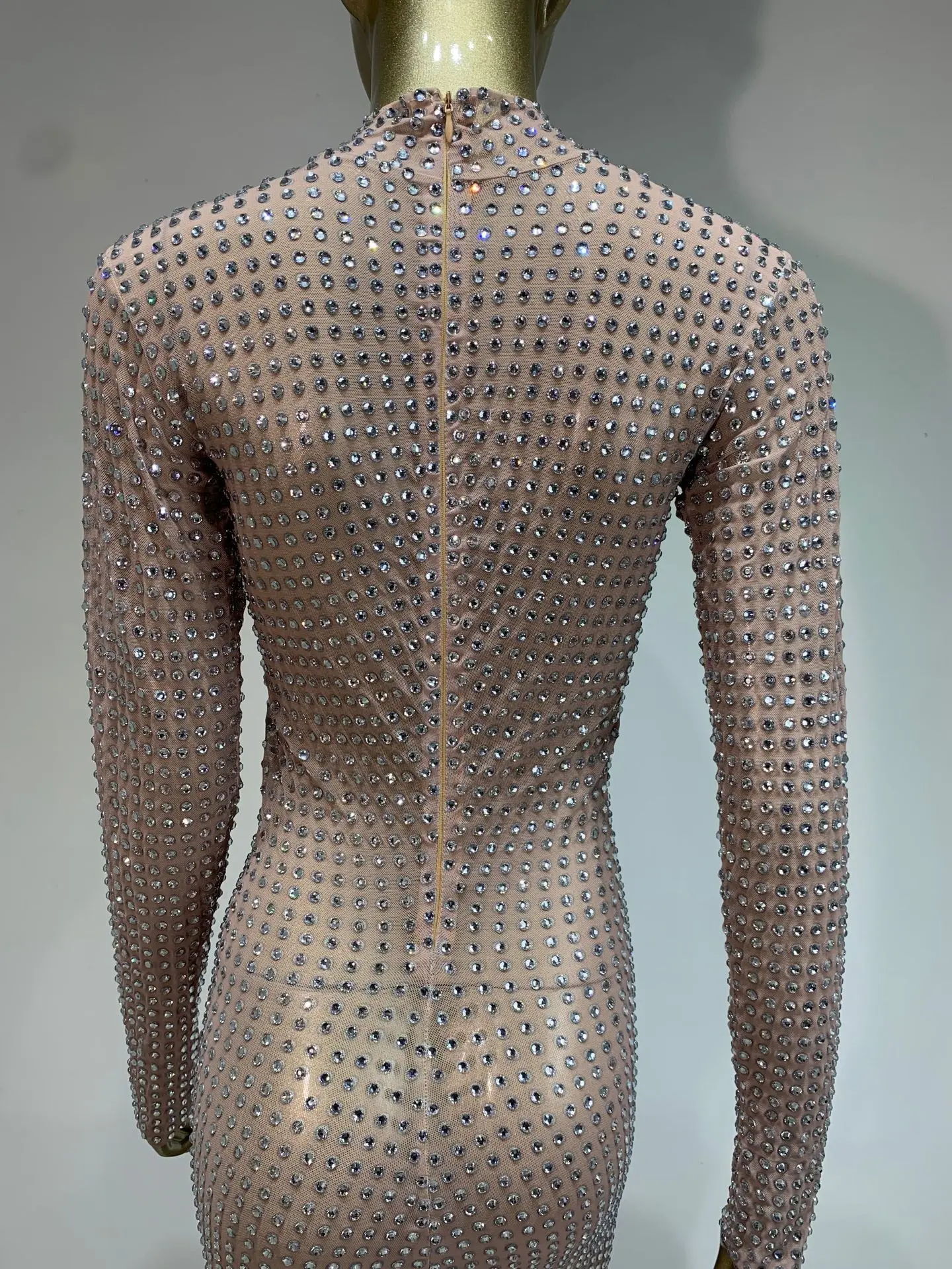 สต็อกตาข่ายเพชรแขนยาวชุดElegant Partyชุดราตรีชุดไนท์คลับเวทีสวมใส่Body Transparente Flecos