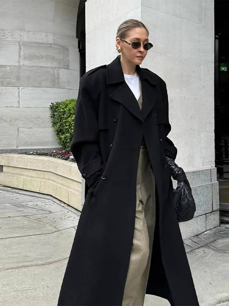 Elegant Women's Long Woolen Coats Loose Lapel Double Breasted Pocket Female Overcoats 2026 Autumn Winter Lady Warm Outwear