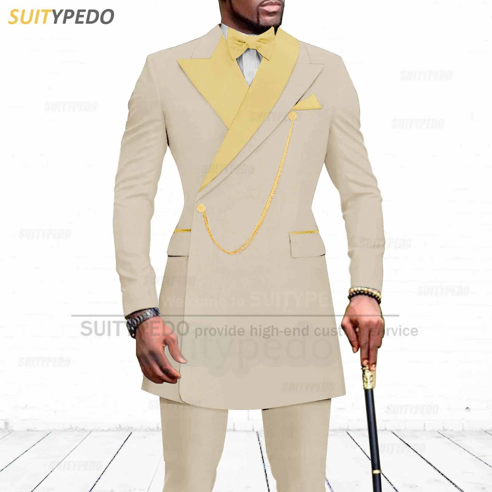 Tailor-made Men Suits Wedding Grooms Slim Fit Costumes Fashion Party Gold Satin Lapel Blazer Pants Homecoming Formal Outfits