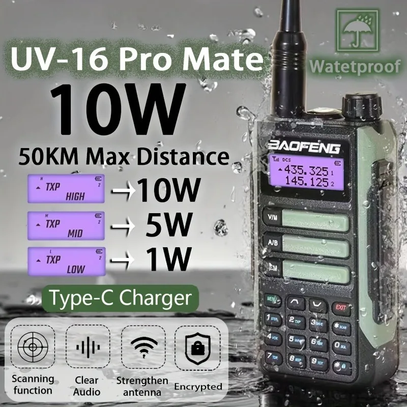 Waterproof Walkie Talkie BF UV-16 Pro Mate Radio Radio High Power Long Distance 2 Way Radio, 2pcs