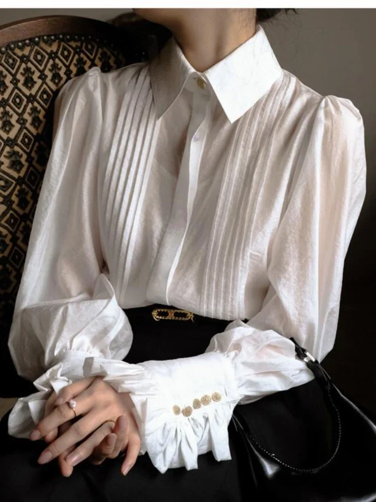 

White Shirt Long Sleeve Single Breasted Button Elegant Office Lady Turn-down Collar Blouses Shirts Women Chic Korea Top E79