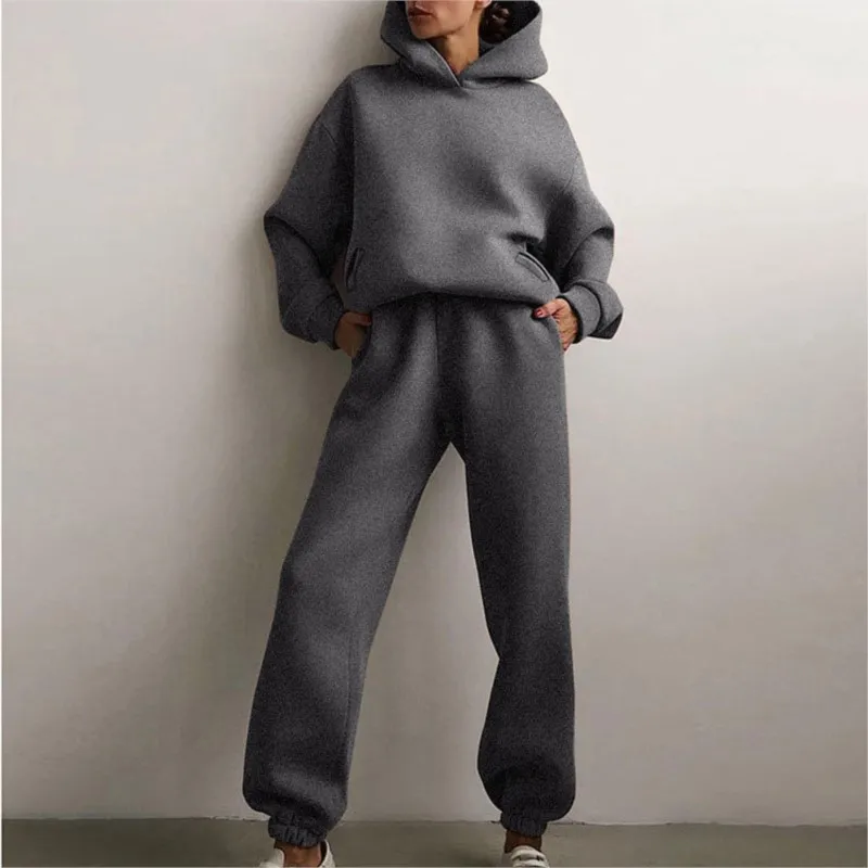 

Women's Sportswear Casual Solid Color Long Sleeve Hooded Sports Suit Fall Warm Hoodie Sweatshirt And Pants Fleece Two-Piece Set