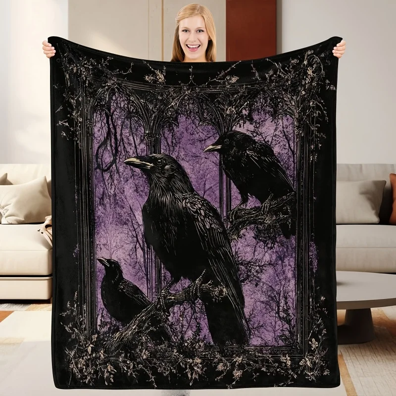 Gothic Black Crow Throw Blanket, Dark Forest Raven Pattern Soft Warm Flannel Blanket for Sofa Bedroom Home Decor