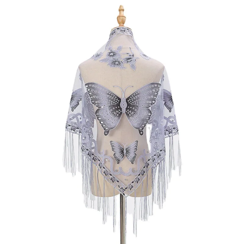 

150x65cm Printed Butterfly Lace Scarf Triangle Tassel Shawl Elegant Ladies Solid Color Shiny Scarves Fashion Cape Twenty Colors