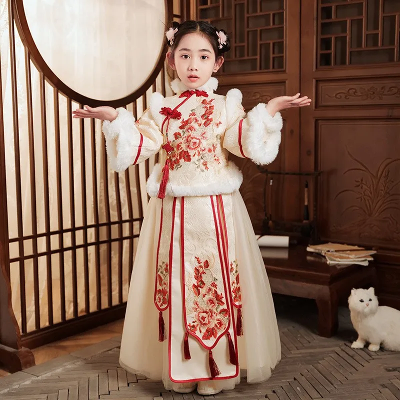 Red Chinese New Year Clothing For Girl Children Winter Tang Suit Cheongsam Flower Girl Dress Ancient Princess Hanfu Costume Kids