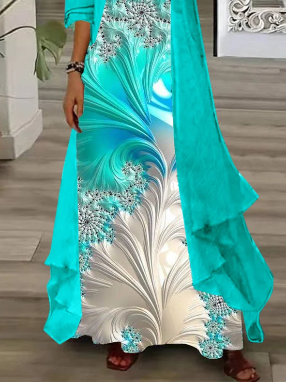 Vestido feminino manga comprida com decote em V, tamanho grande, padrão gradiente estampado, terno de duas peças, elegante, festa, verão