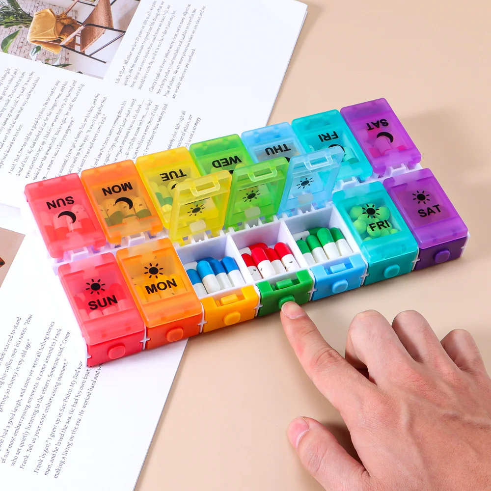 

Новый большой еженедельный 2-кратный органайзер для таблеток с 14 сетками, коробка для хранения лекарств, контейнер для хранения витаминов, добавок с рыбьим маслом