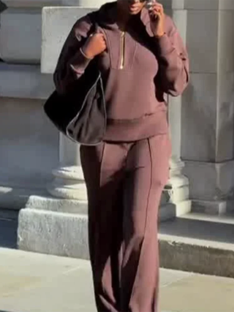 Vintage Casual Solid Color Commute Sport Sets Fashion Lady Long Sleeve Pullover&Pants Set Autumn Winter New Women Simple 2 Piece