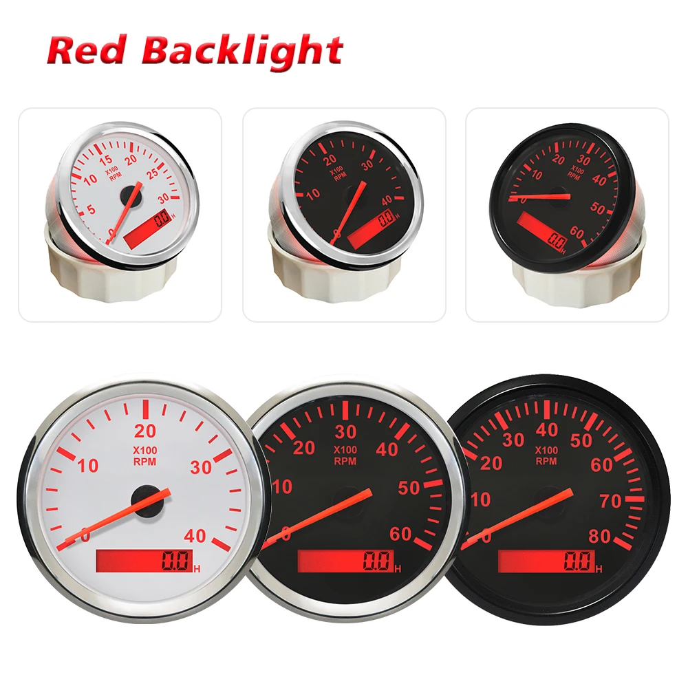 Marine Car 85mm Tachometer 0-3000RPM 0-4000RPM 0-6000RPM 0-8000RPM With LCD Hourmeter Red Backlight 12V 24V