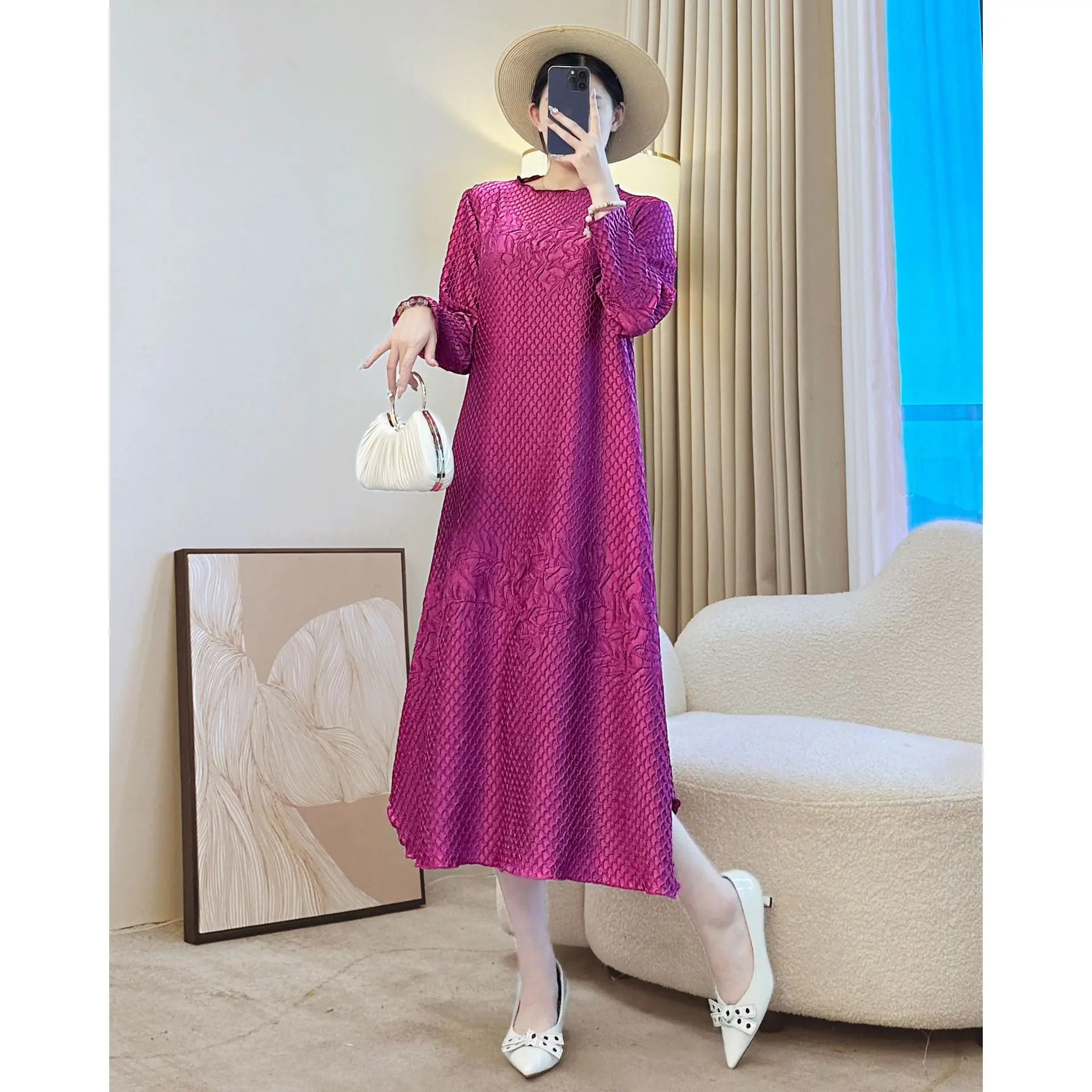 

Miyake High Quality Embroidered Dress for Women Summer 2025 New Elastic Loose Elegant Round Collar Half Sleeve Dresses